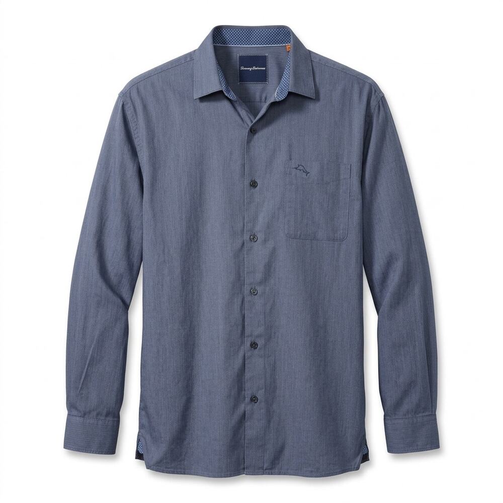 Tommy Bahama 100% Pima Blue Pocket Herringbone Button Shirt Men Size XXL